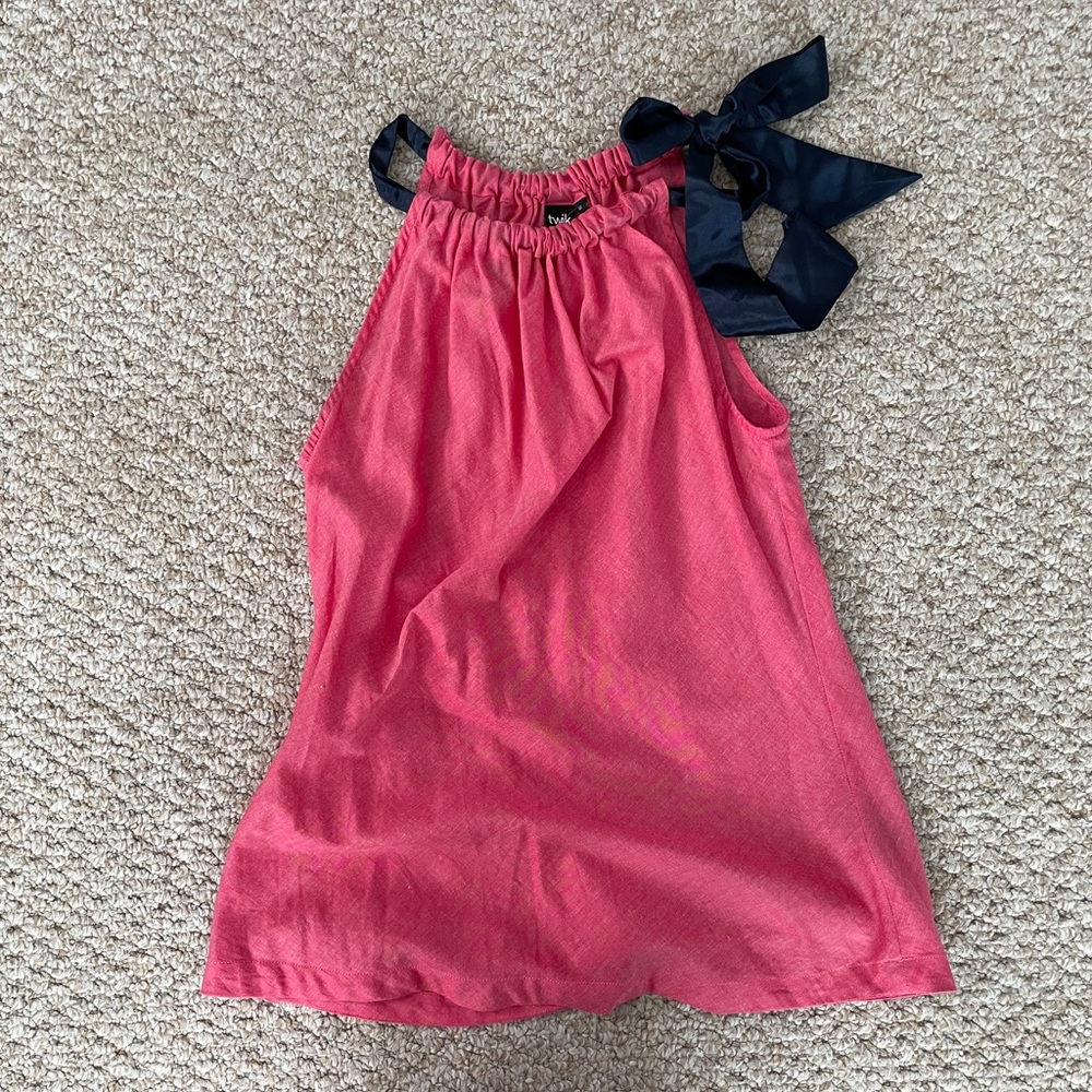 Large Strawberry Pink Twik Cotton Dressy Tank with Navy Satin Tie